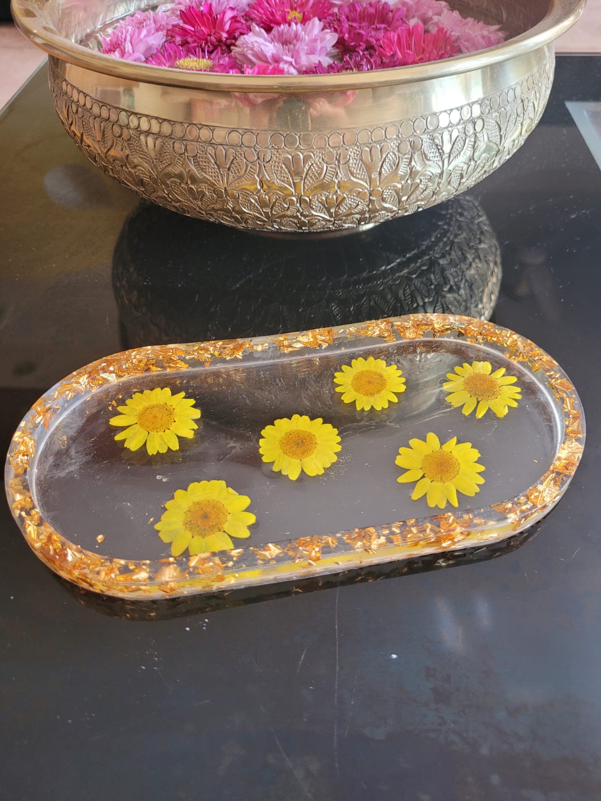 Trinket Tray with preserved yellow flowers